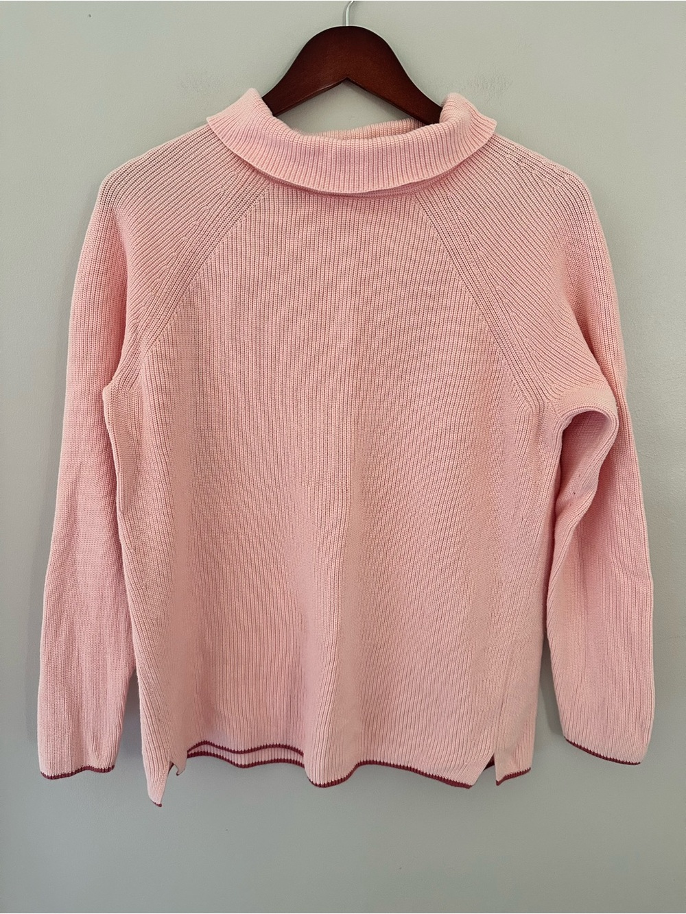 Talbots Light Pink Ribbed Cowl-Neck Pima Cotton Sweater with Contrast Trim